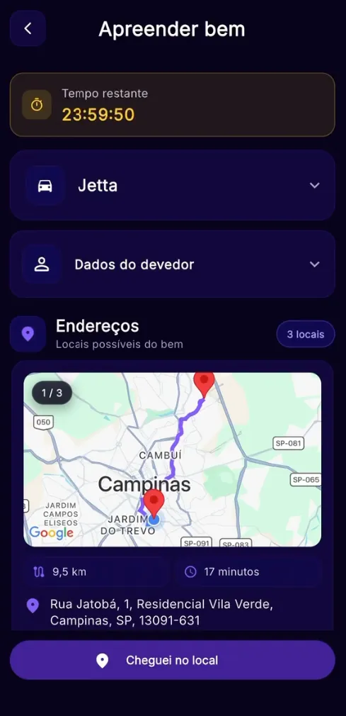 Tela Apreender bem com endereços e rota