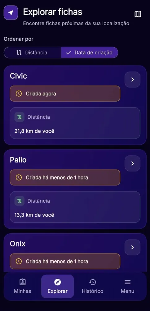 Tela Explorar fichas do app Soluccionar