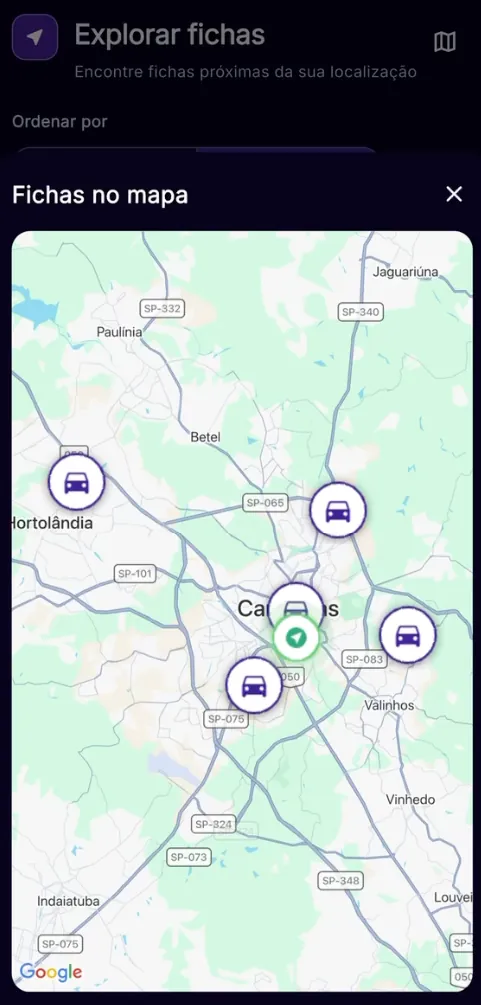 Tela de fichas no mapa do app Soluccionar